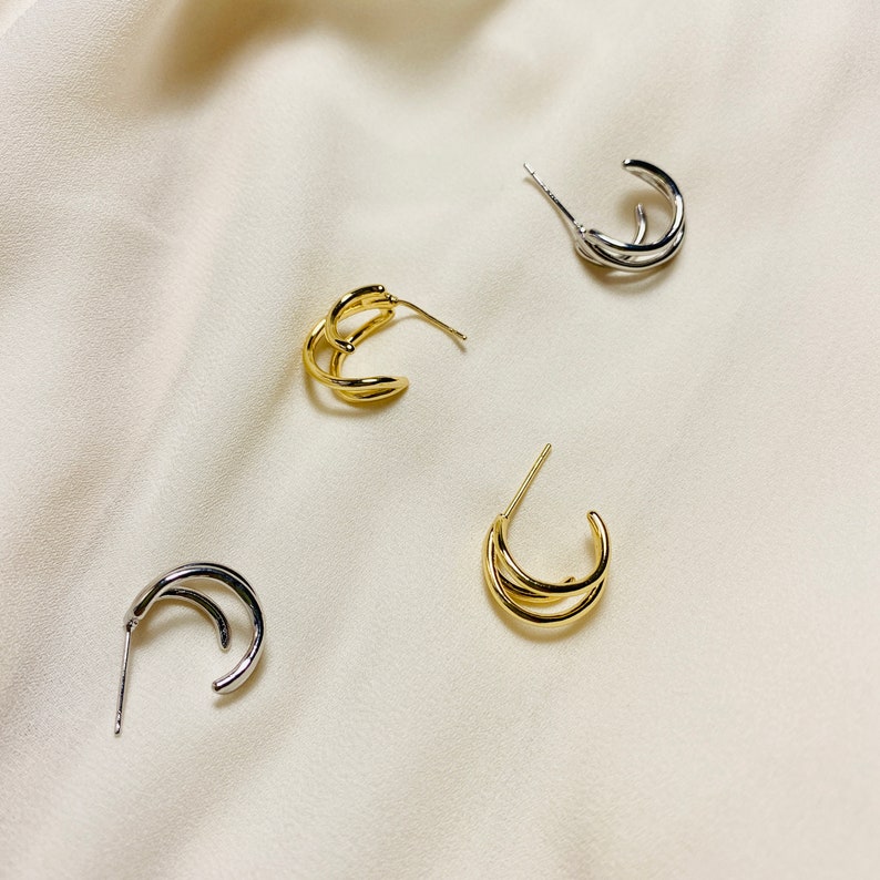 Triple Hoop Earring, S925 Silver Post Earring, Split Hoop Earring, Gold and Silver Triple Hoop Earring, Minimalist Earring, Gift For Her image 4
