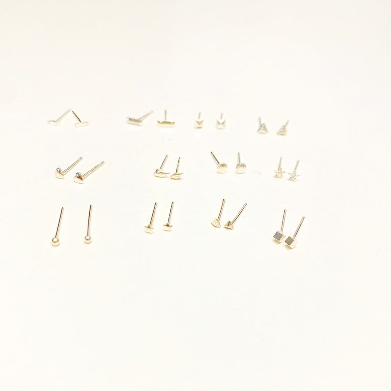 Pu&ograve; includere: Un set di 18 orecchini a perno d'argento con varie forme, tra cui cerchi, stelle, triangoli e quadrati. Gli orecchini sono disposti in file su uno sfondo bianco.