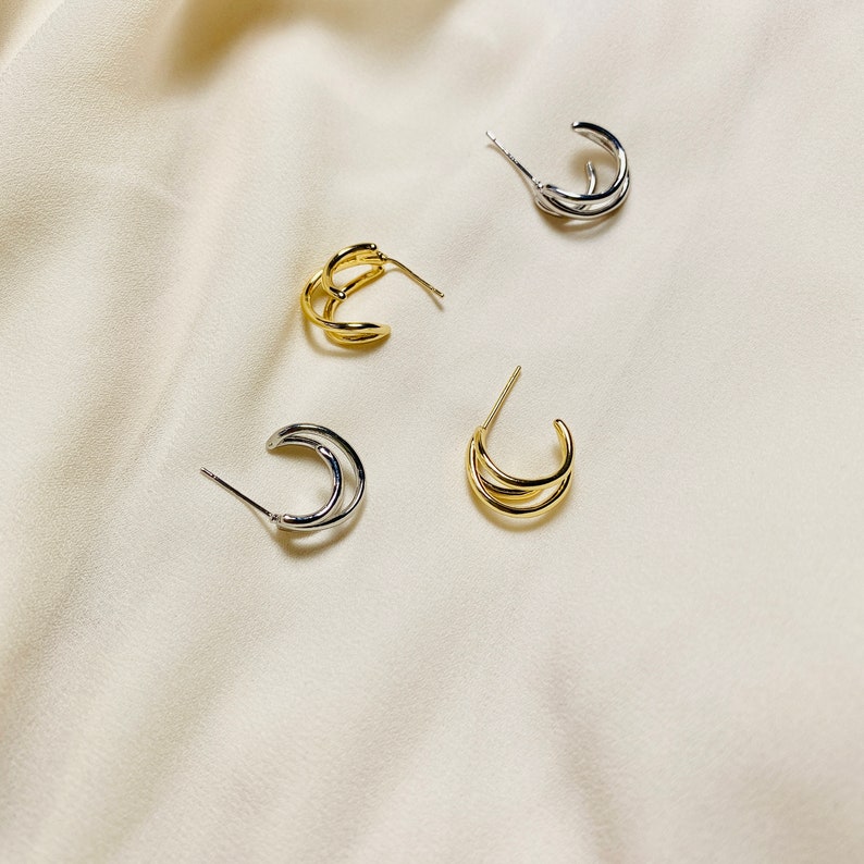 Triple Hoop Earring, S925 Silver Post Earring, Split Hoop Earring, Gold and Silver Triple Hoop Earring, Minimalist Earring, Gift For Her image 3