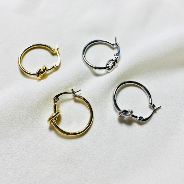 Gold Knot Hoop Earrings, 18K Gold, White Gold Plated 23mm Hoop,Gold and Platinum Plated Post, Hypoallergenic, Love Knot Earrings,Creole Hoop