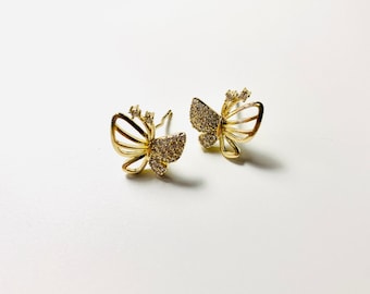 Gold Butterfly Stud Earrings, Cubic Zirconia Stud, Dainty 18K Gold Plated Stud, S925 Silver Post Earrings, Hypoallergenic, Statement Stud