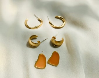 3 Set Hoop and Stud Earrings, Hoop Set Earrings, Orange Stud Earrings, Yellow Stud Earrings, Medium Hoop Earrings, Small Hoop Earrings,