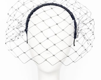 Black Netting Headband: Handmade Ribbon Hair Accessory - Binata Millinery
