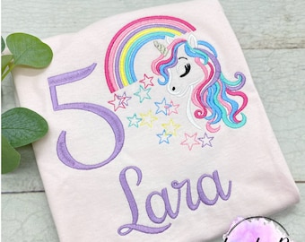 Regenbogen Einhorn Geburtstagsshirt mit Name und Zahl, Sweatshirt für Mädchen, T-Shirt für Kinder