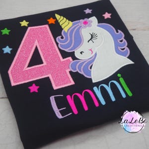 Einhorn personalisiertes Geburtstagsshirt mit Name und Zahl, Langarmshirt für Mädchen mit Glitzer immagine 4