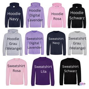 a collection of 12 sweatshirt designs, each with a different color and style. The sweatshirts include navy, lavender, pink, black, gray, purple, navy, grau, lavender, pink, black, gray, purple, navy, grau, and black.