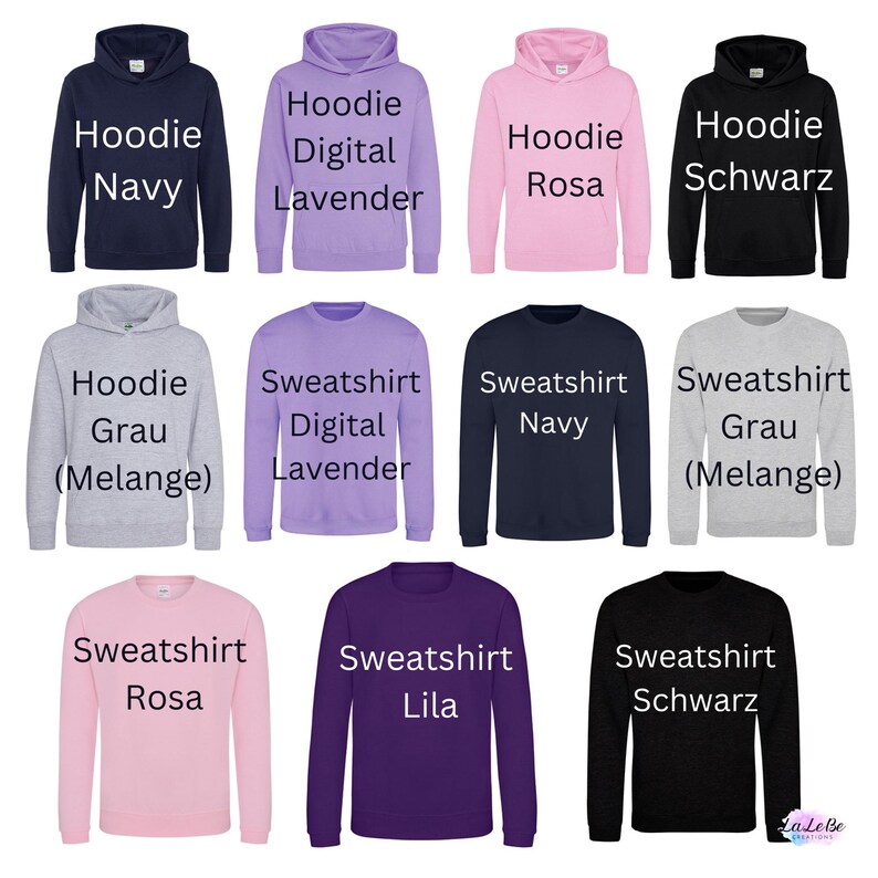 a collection of 12 sweatshirt designs, each with a different color and style. The sweatshirts include navy, lavender, pink, black, gray, purple, navy, grau, lavender, pink, black, gray, purple, navy, grau, and black.