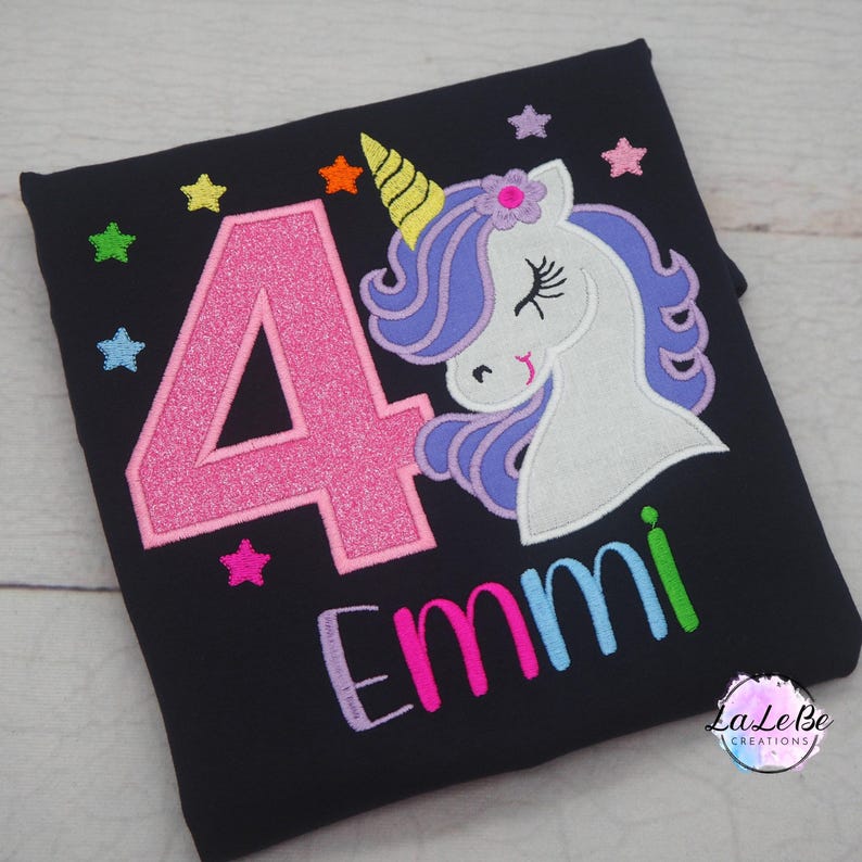 Einhorn personalisiertes Geburtstagsshirt mit Name und Zahl, Langarmshirt für Mädchen mit Glitzer immagine 1