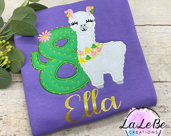 Lama und Kaktus Geburtstagsshirt für Mädchen , Personalisiertes T-Shirt mit Name und Zahl, Langarmshirt zum Geburtstag