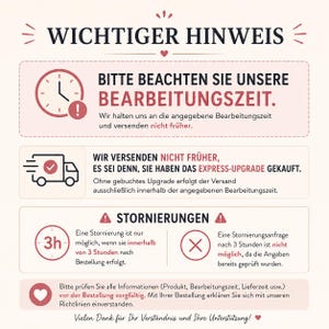 text in German, providing instructions or information about a product, specifically a bearbeitungszeit. The text is in red and black, and it appears to be a warning or cautionary message. The image is not a single image but rather a collage of multiple images. The text is not repetitive and avoids redundancy and vague wording. The image does not contain any images of bears or bearbeitungszeit.