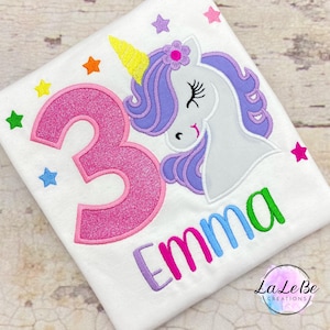Einhorn personalisiertes Geburtstagsshirt mit Name und Zahl, Langarmshirt für Mädchen mit Glitzer immagine 2