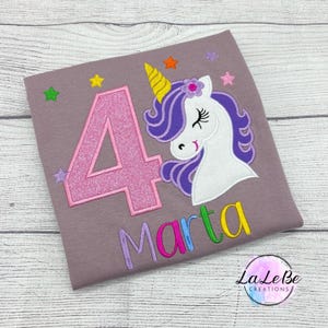 Einhorn personalisiertes Geburtstagsshirt mit Name und Zahl, Langarmshirt für Mädchen mit Glitzer T-Shirt Mist Lavender