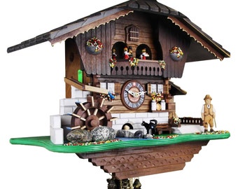 Loetscher Authentic Swiss Handcrafted Cuckoo Clock - Cat and Mouse Themed Traditional Weight Driven One Day Clock with Music