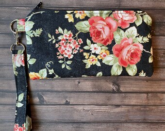 Black floral zipper pouch