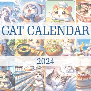 Collage of all 12 months of Japanese Cat digital calendar illustrations depicting cats in various activities, perfect for cat lovers.