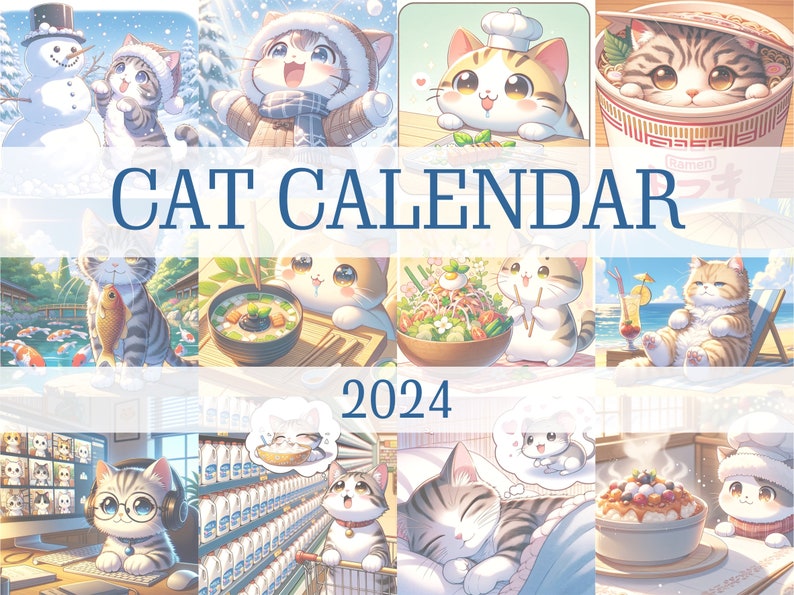 Collage of all 12 months of Japanese Cat digital calendar illustrations depicting cats in various activities, perfect for cat lovers.