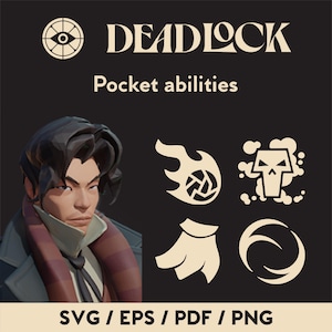 Puede incluir: Una ilustración digital de un personaje del videojuego Valorant, llamado Deadlock. El personaje es una mujer con cabello oscuro y una expresión seria. Lleva un abrigo oscuro y una camisa blanca. La imagen también incluye cuatro iconos que representan sus habilidades: un icono de fuego, un icono de calavera, un icono de capa y un icono de remolino.