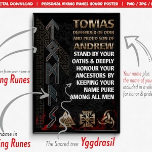 Viking Runes Personal Poster HQ Digital Download, Norse Mythology Ancestor Symbols, Pegan, Odin Family Honor, Personalized Gift for birthday