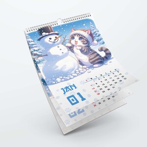 A4-sized Japanese Cat digital calendar mockup, ready for home printing with charming cat illustrations for each month.