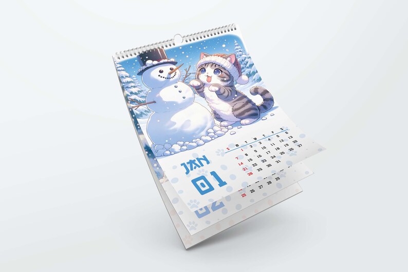 A4-sized Japanese Cat digital calendar mockup, ready for home printing with charming cat illustrations for each month.