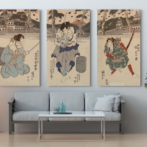 Vintage Samurai Prints Set of 3 - Art mural japonais, Art sur bois, Galerie d’art mural, Ensemble d’affiches vintage, Art mural de samouraï, cadeau vintage