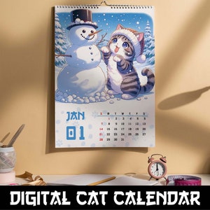 Japanese Cat Calendar January page with a cute cat enjoying and playing in the snow with a snowman, set in a mockup for A4 printing.