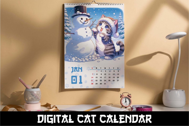 Japanese Cat Calendar January page with a cute cat enjoying and playing in the snow with a snowman, set in a mockup for A4 printing.