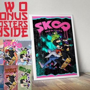 Puede incluir: Un póster enmarcado con un fondo rosa y negro que presenta el texto "SK8 the Infinity" y cuatro personajes de la serie de anime patinando. Los personajes visten ropa colorida y están en el aire mientras patinan.