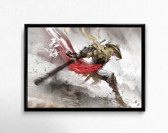 May include: A digital painting of a warrior in a red and gold outfit, holding a sword and wearing a hat. The warrior is standing in a dynamic pose, with their cape flowing behind them. The background is a white and gray abstract design.