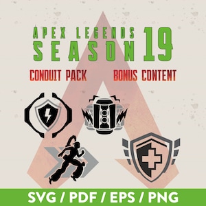 Puede incluir: Gráfico de Apex Legends Temporada 19 con fondo verde y blanco. El texto "Apex Legends Temporada 19" está en letras verdes grandes. Los textos "Conduit Pack" y "Bonus Content" están en letras negras. Hay cuatro iconos: un rayo en un círculo, un dispositivo con un rayo, una figura corriendo y un escudo con una cruz.
