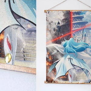 May include: A wall tapestry featuring a blue-haired anime character in a white outfit with a cross symbol. The character is standing on a set of stairs with a red laser beam in the background. The tapestry is hanging on a wall with a wooden frame.