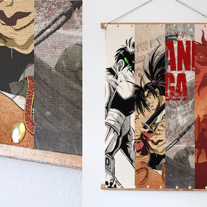 May include: A tapestry featuring a collage of anime characters and the word "MANGA" in Japanese. The tapestry is made of canvas and has a wooden dowel at the top for hanging.