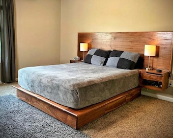 Mid Century Modern/Platform Storage Bed/Queen Bed Frame/ Minimalist Bed