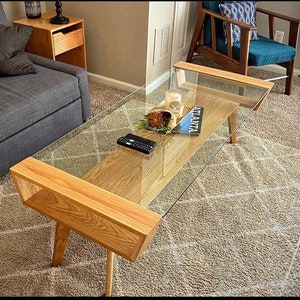 Modern White Oak Coffee Table: Minimalist Glass Top Wooden Table