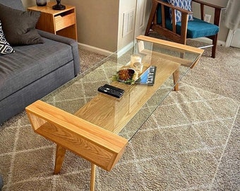 Modern Wood Coffee Table, Minimalist Oak Wood Glass Top Table, Handmade Wooden Table