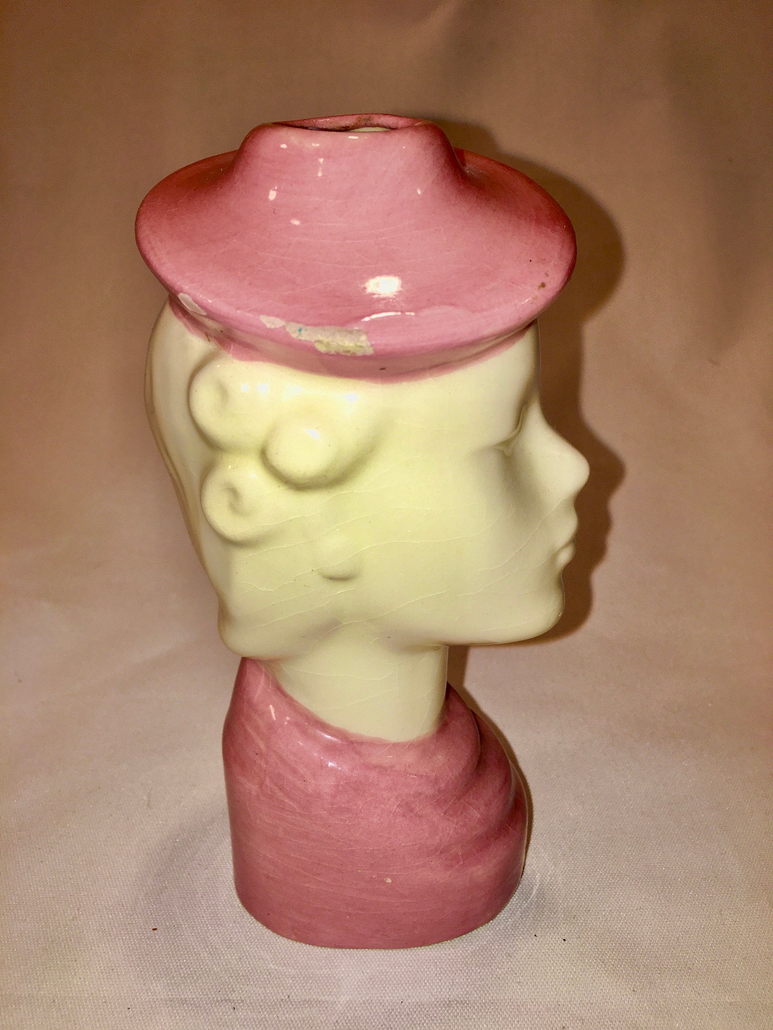 Vintage Woman's Head Vase, Pink Hat and Decor, 1940 Block Pottery