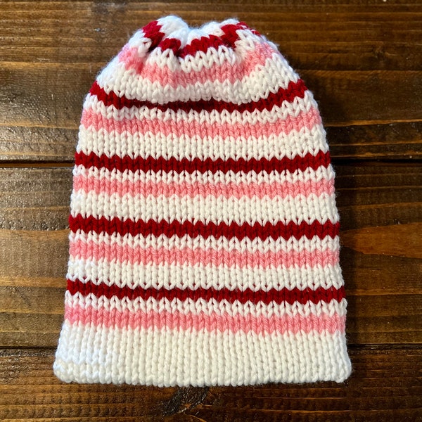 Beanie - Knitting Machine Beanie - Valentine's Day Beanie - White, Pink, and Red Striped Beanie - Sentro Knitting Machine Beanie