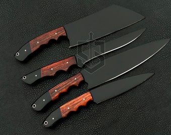 forged tool steel with plant coating 4 pieces handmade chef knives set rose wood and resin handle with leather bag best gift for anniversary