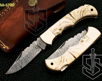 Custom Handmade Beautiful Damascus Steel 7 " Hunting Folding Pocket Knife Acrylic Handle With Leather Sheath Best For Anniversary Gift