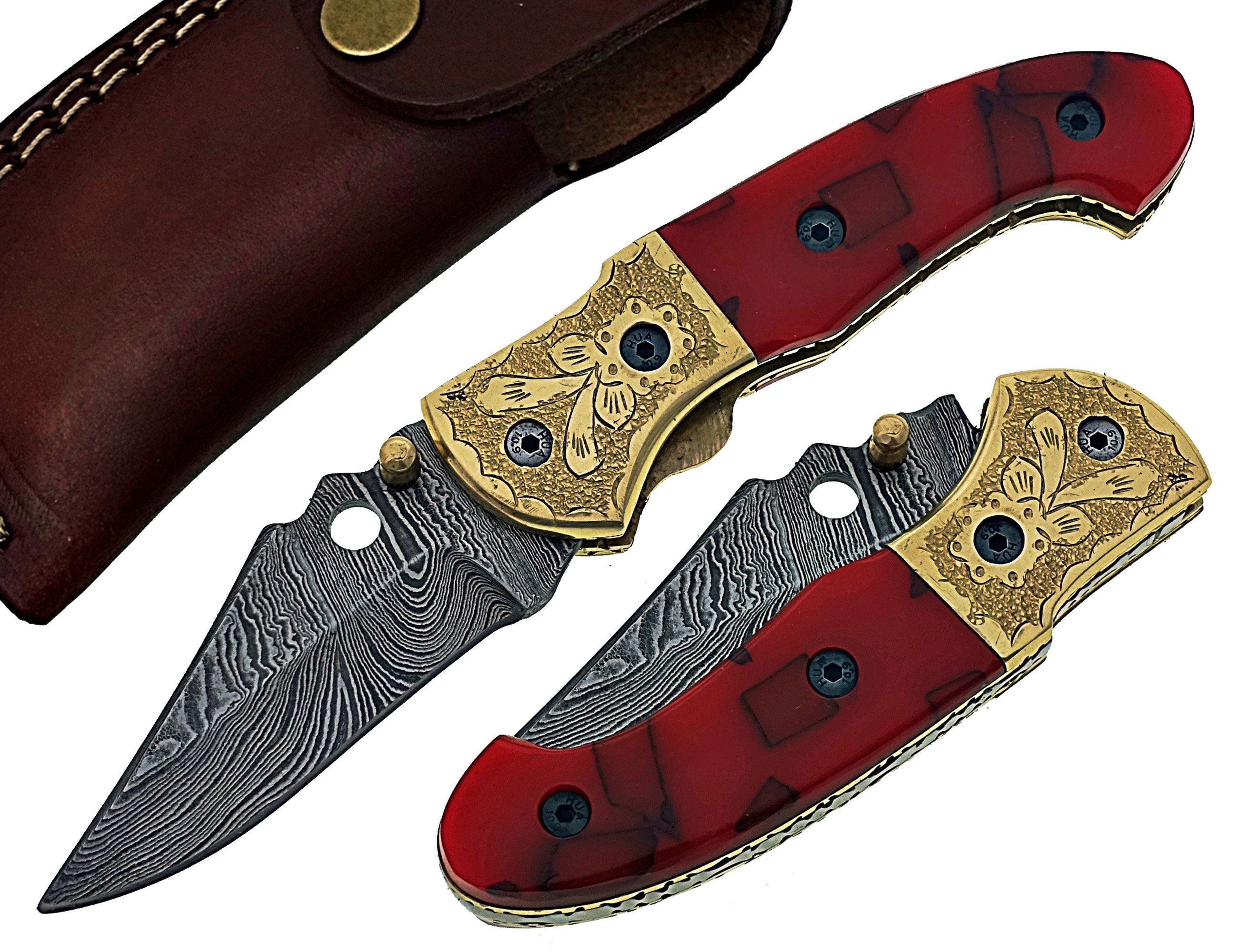 Custom handmade damascus hunting pocket knife engraved color Etsy