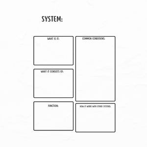 May include: A blank chart with the title "SYSTEM:" and four sections: "What is it:", "What it consists of:", "Function:", and "How it work with other systems:".