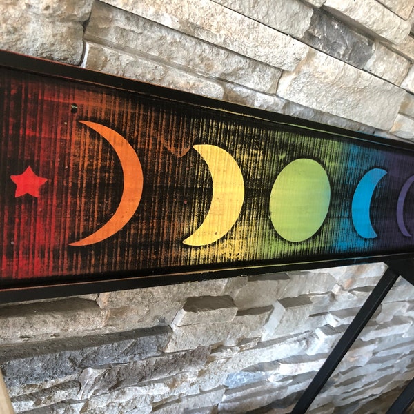 Rainbow Moon Phase 30” wood wall art signature rainbow layered finish.