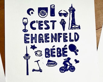 C'est Ehrenfeld Bébé, Ehrenfeld, Cologne, Cologne, linoprint DIN A4, linocut