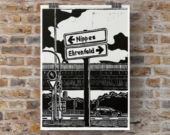 Linoldruck Köln Ehrenfeld/ Nippes A57 Autobahnausfahrt, Linocut, Cologne, Highway, printart