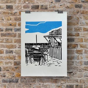Linoleografia DNA4 Bar, bar sulla spiaggia, La Siesta, Biscarosse, Atlantico, Atlantique, estate, linoleografia, stampa artistica, idea regalo, stampa artistica, decorazione