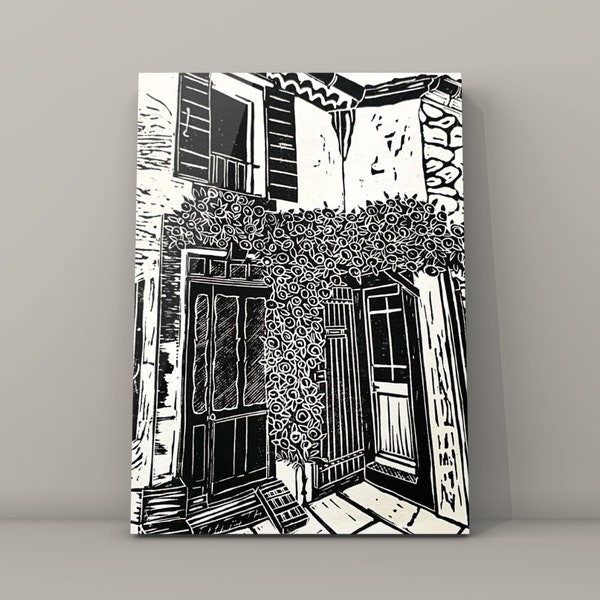 Maison de campagne Provence, Maison de campagne Provence, Murs, Luberon, Roussillon, France, France, Gordes, linoprint DIN A4, linogravure