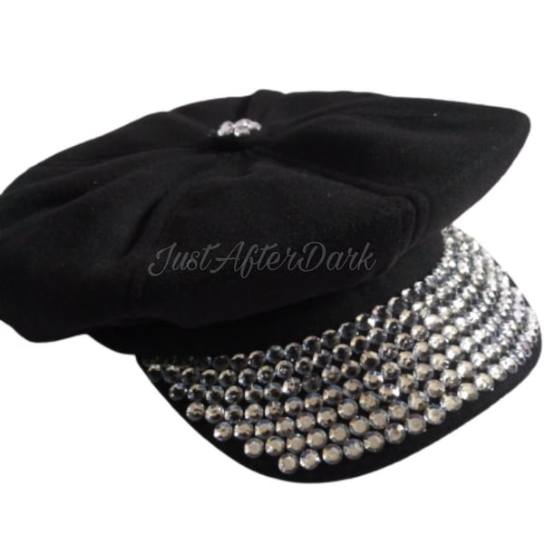 Black Newsboy Hat, Rhinestone Captain Hat, Rhinestone Black Hat, Bedazzled Hat, Embellished Hat, Bling Hat For Women Embellished Newsboy Cap