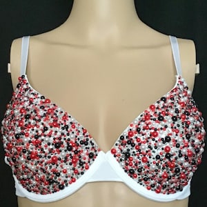 Pearl Rhinestone Carnival Bra: White Red Black Beaded Costume Bra
