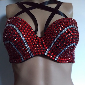 Red and Crystal Rhinestone Criss Cross Straps Bling Bustier Bra