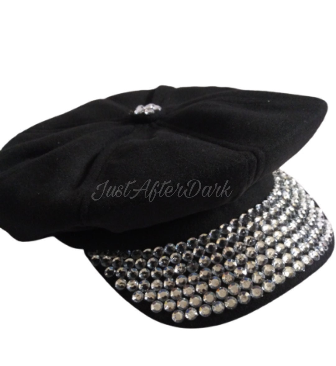 Rhinestone Black Newsboy Hat, Y2K Bling Cap
